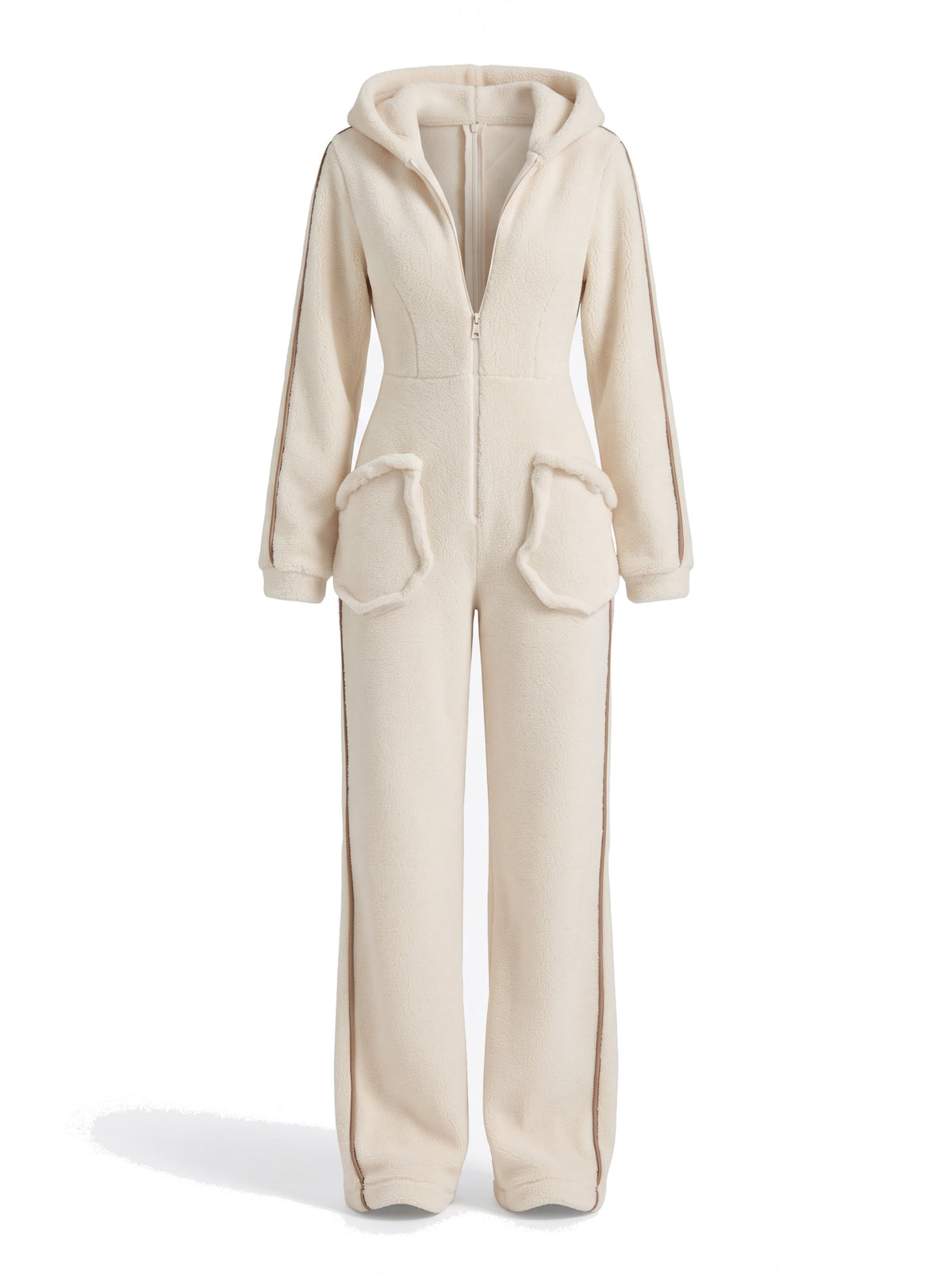 Annelise-Erna Women's Hooded Fleece Color-Block Jumpsuit in milky white, studio product shot