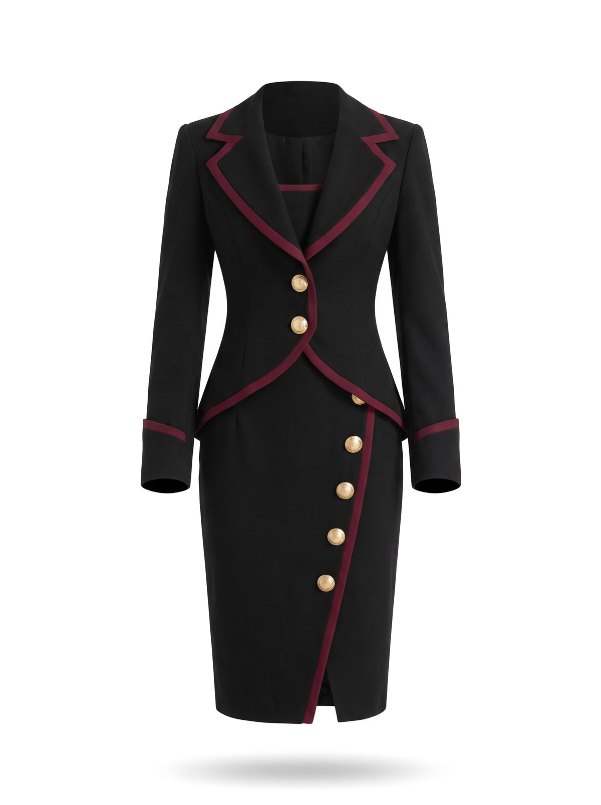 Rosemary-Miriam black contrast-trim blazer and midi dress matching set, ghost mannequin studio shot