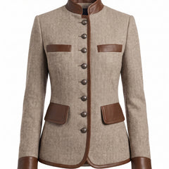 Women's tweed leather-trim tailored blazer in beige herringbone, studio product shot