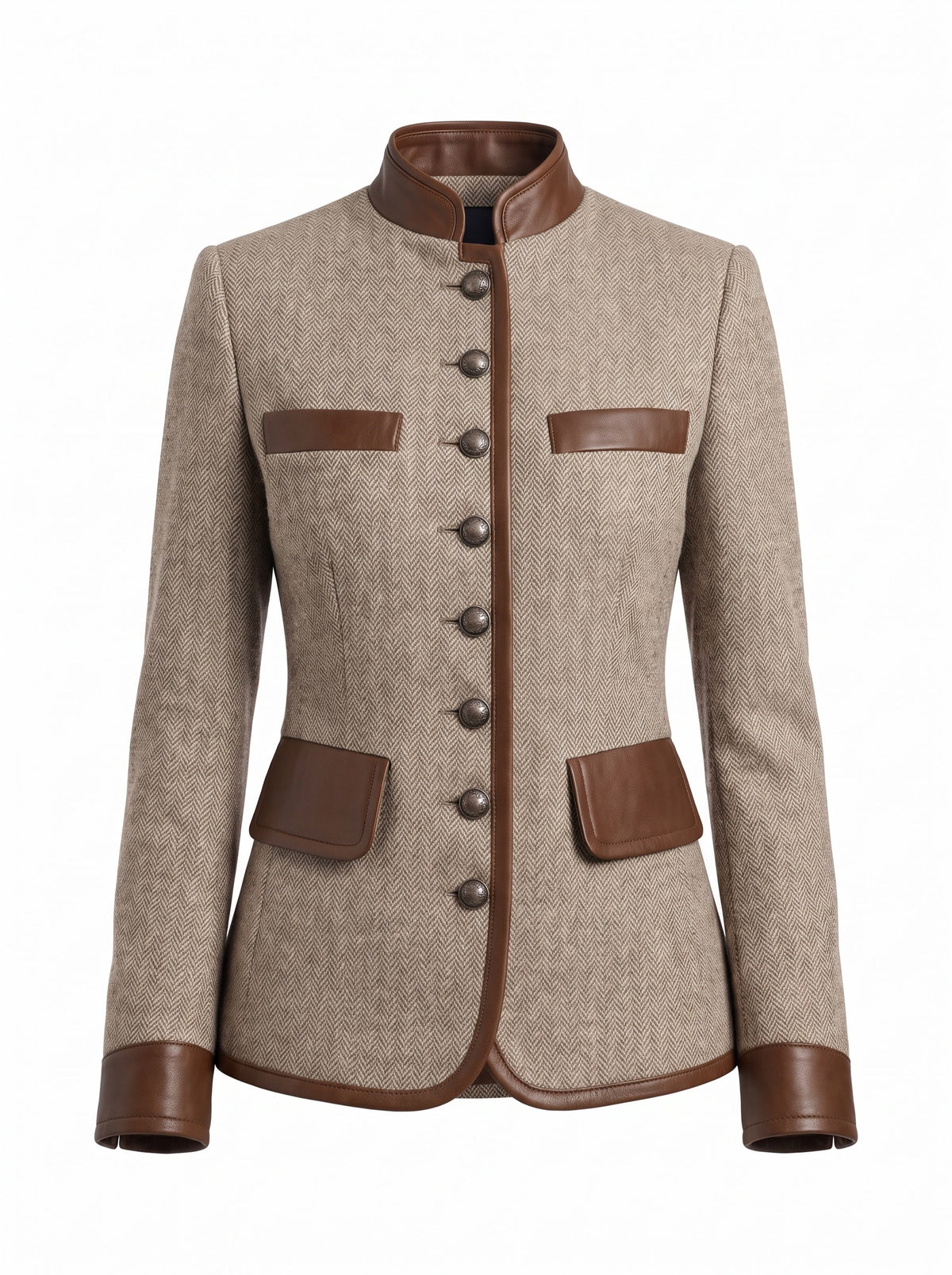Women's tweed leather-trim tailored blazer in beige herringbone, studio product shot