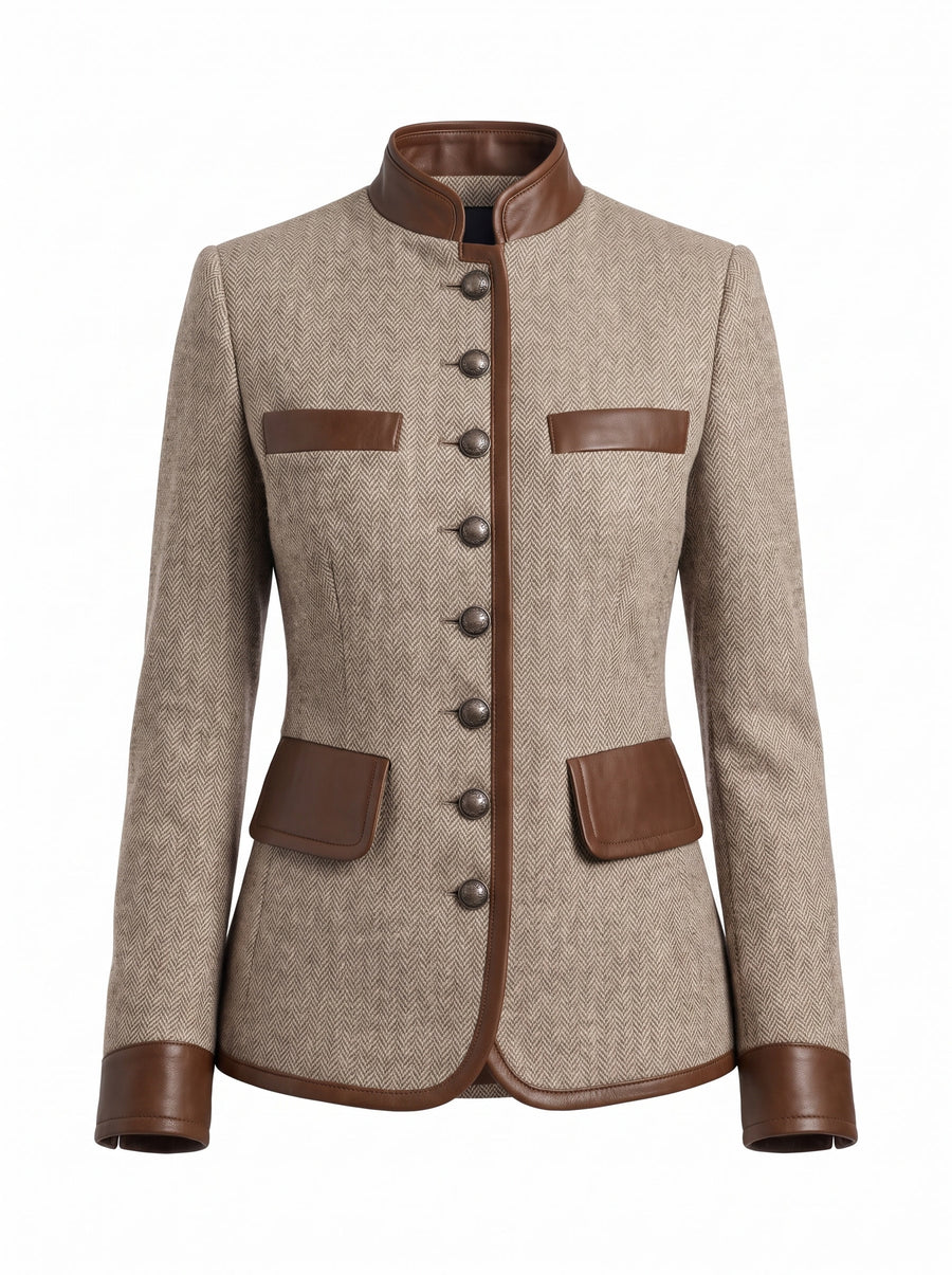 Women's tweed leather-trim tailored blazer in beige herringbone, studio product shot