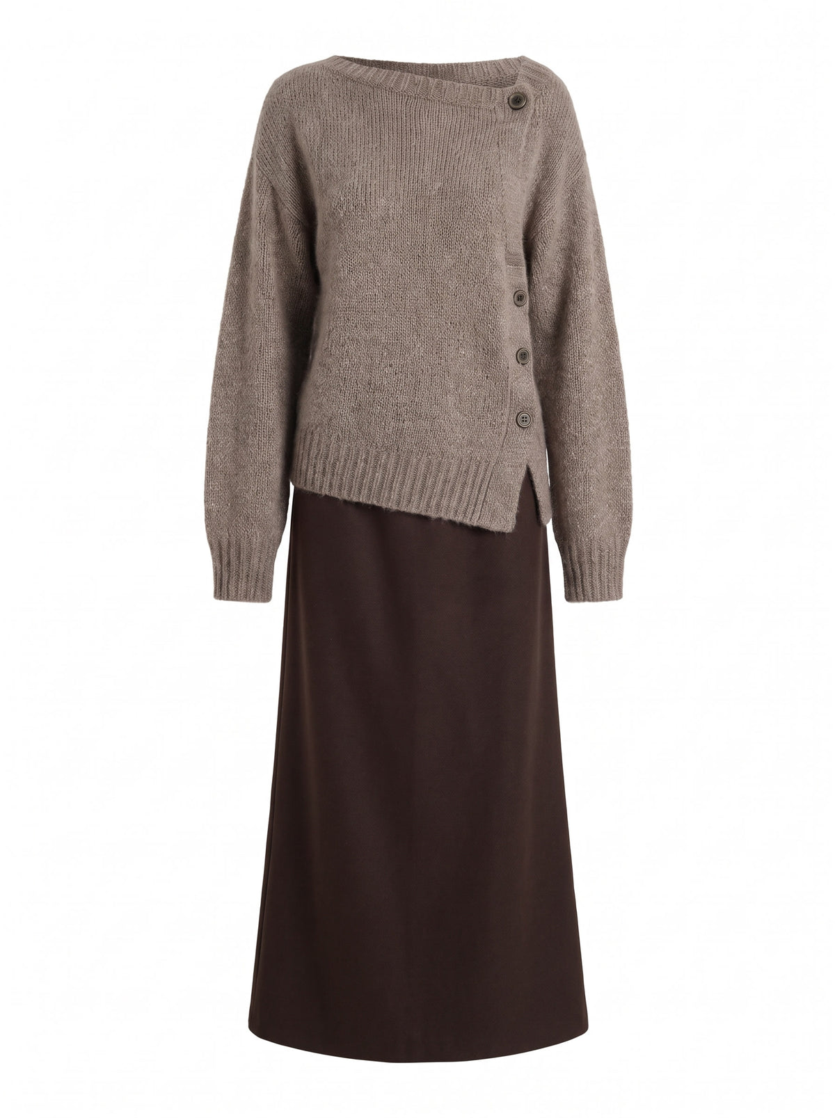 Phyllis-Estelle off-shoulder knit sweater and brown maxi skirt set