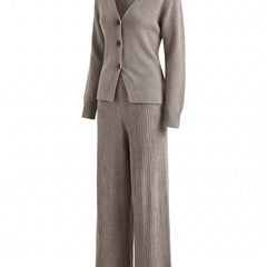Roberta-Matilda women's V-neck knit top and wide-leg trouser set in taupe, ghost mannequin studio shot