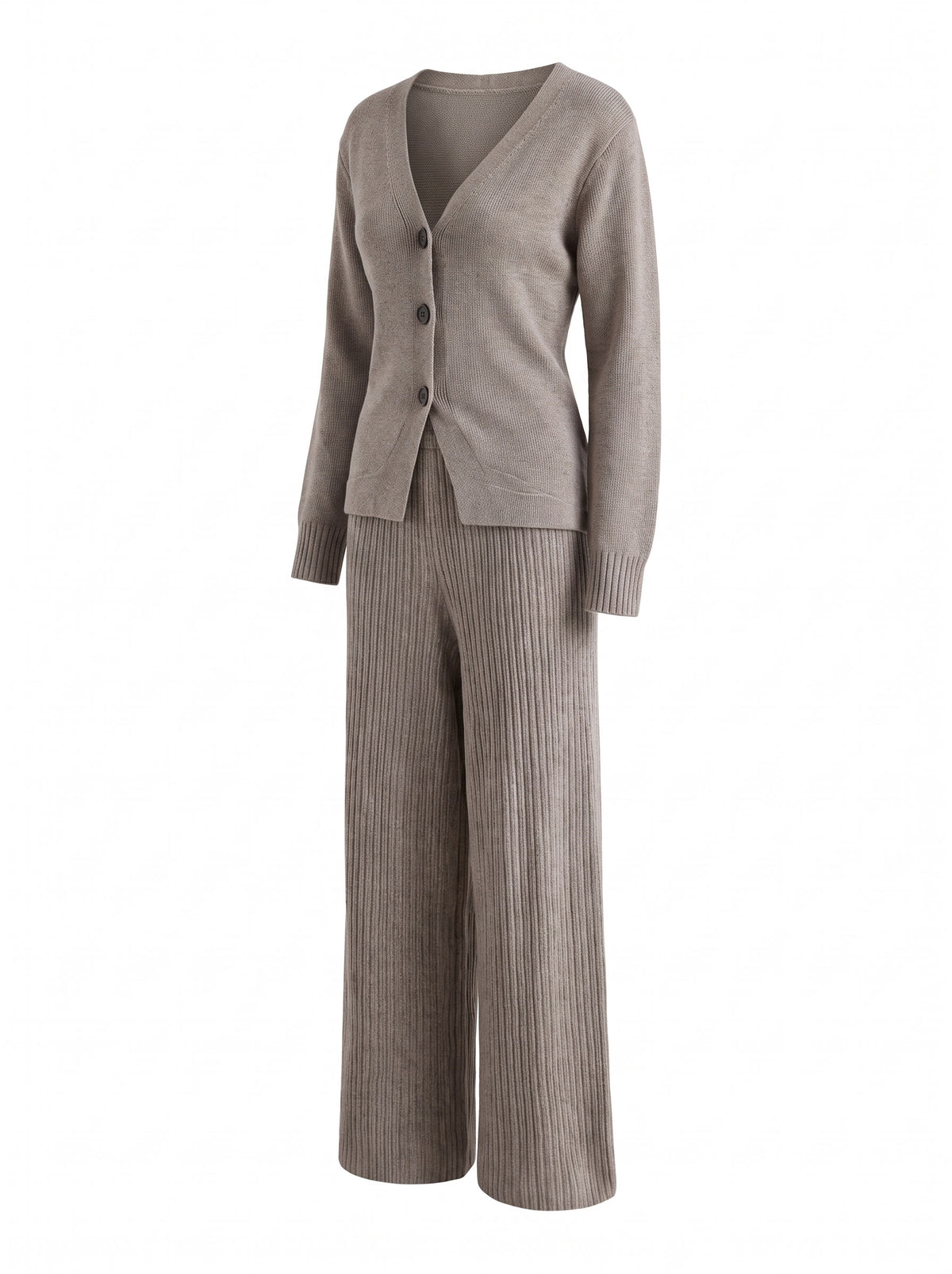 Roberta-Matilda women's V-neck knit top and wide-leg trouser set in taupe, ghost mannequin studio shot