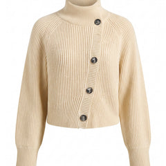 Women's off-white turtleneck cropped cardigan ghost mannequin studio shot