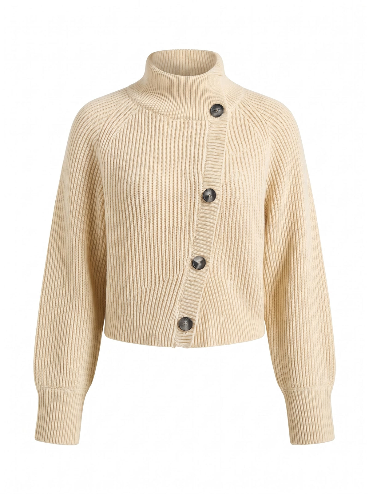 Women's off-white turtleneck cropped cardigan ghost mannequin studio shot