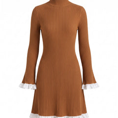 Georgia-Camilla womens ribbed knit mock neck mini dress in caramel brown, ghost mannequin studio shot