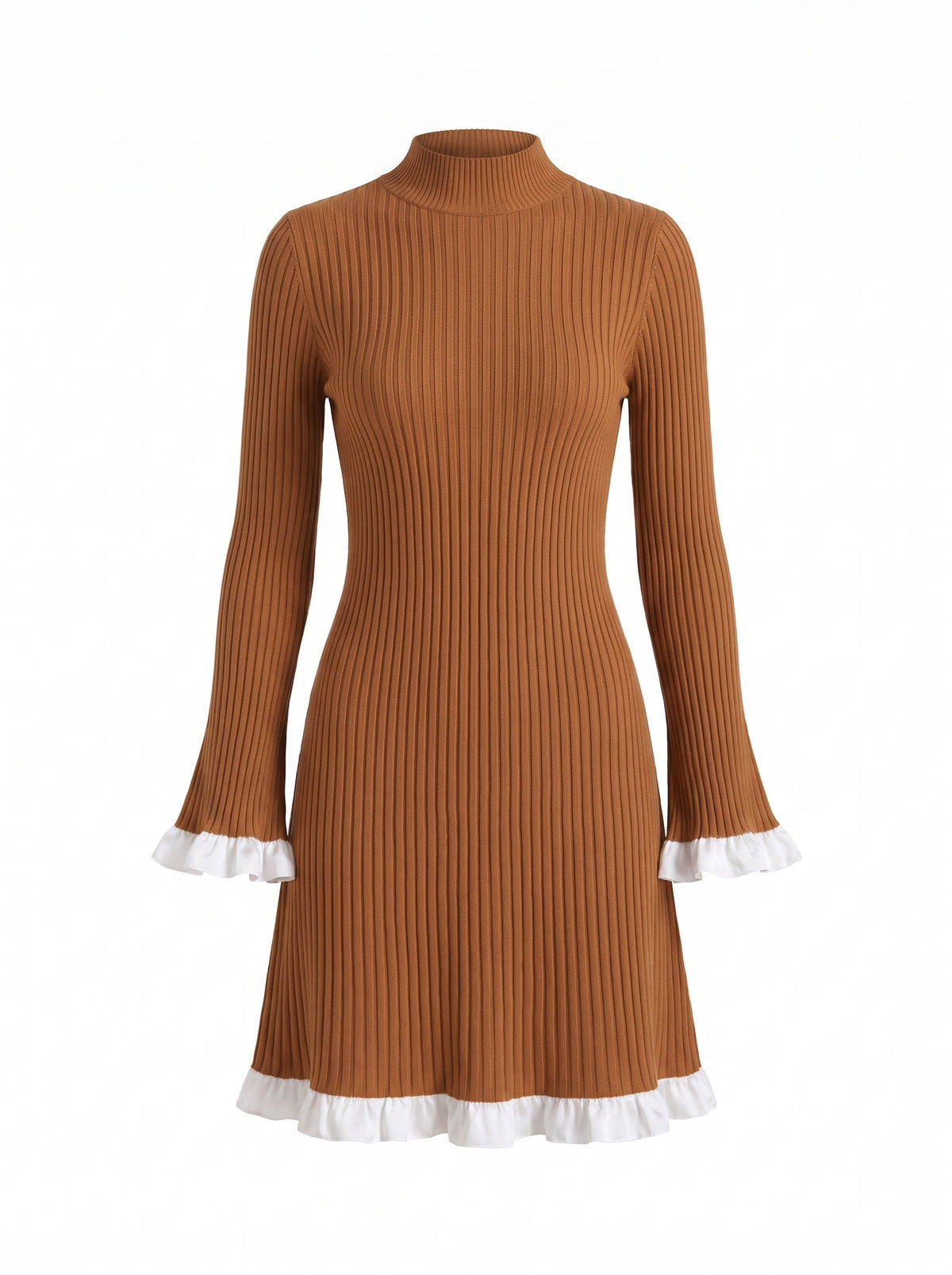 Georgia-Camilla womens ribbed knit mock neck mini dress in caramel brown, ghost mannequin studio shot