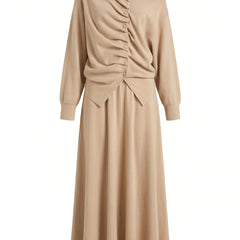 Silvia-Vera women's asymmetric twist-detail knit set in beige, studio product shot