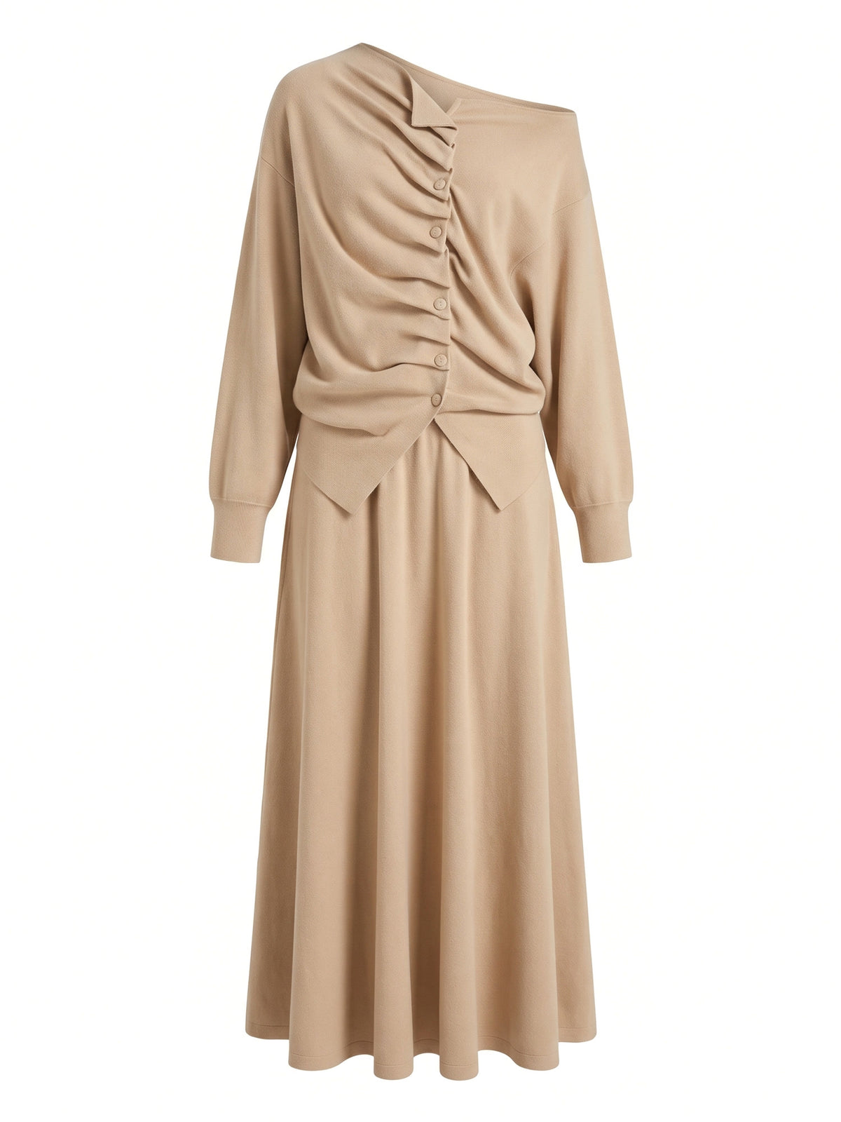 Silvia-Vera women's asymmetric twist-detail knit set in beige, studio product shot