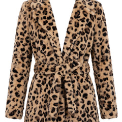 Women's leopard faux fur belted jacket, camel base with black leopard spots, notched lapels and self-tie belt, studio product shot on white