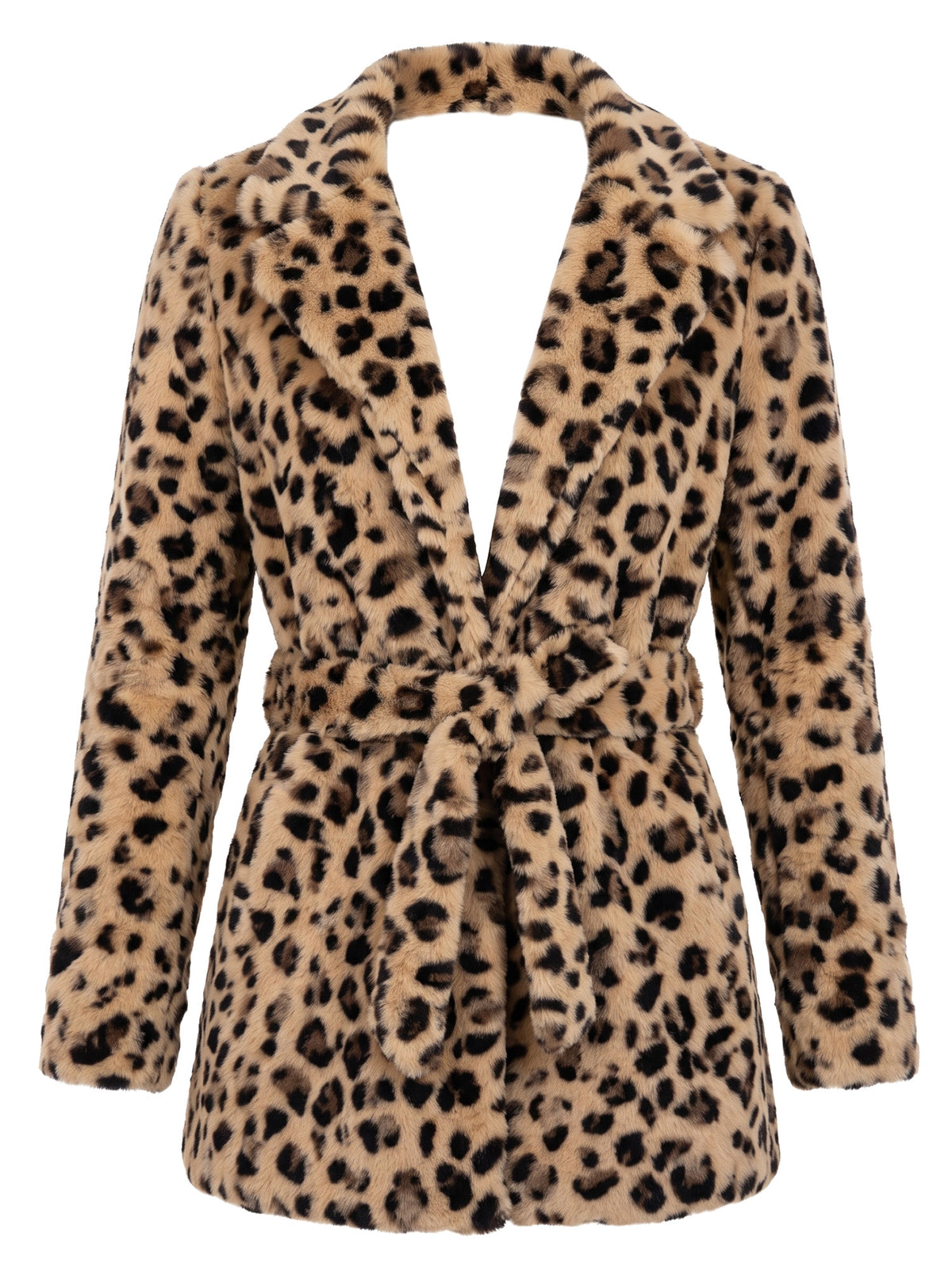 Women's leopard faux fur belted jacket, camel base with black leopard spots, notched lapels and self-tie belt, studio product shot on white