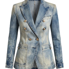Iris-Rhea women's vintage double-breasted denim blazer, ghost mannequin studio shot
