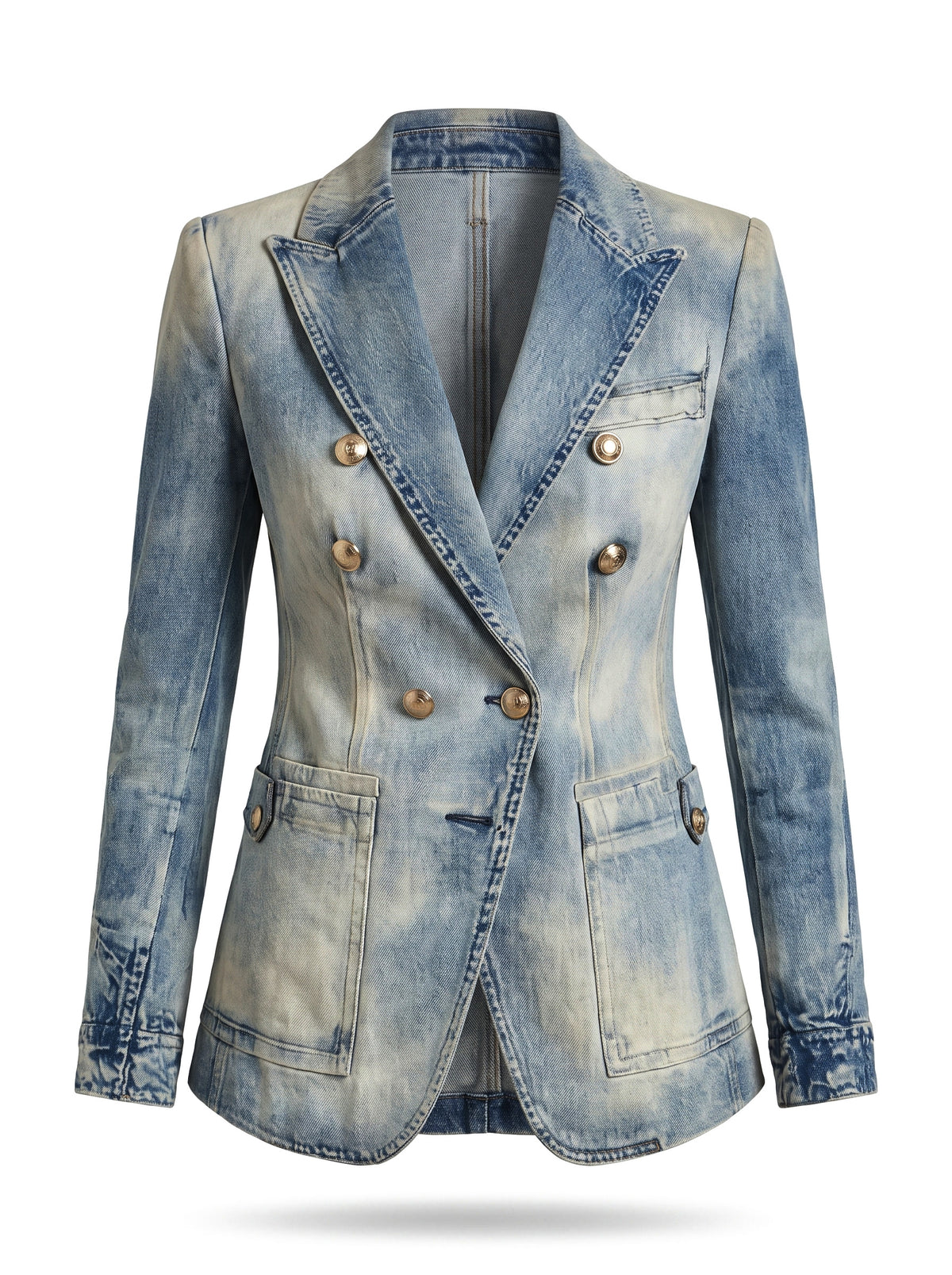 Iris-Rhea women's vintage double-breasted denim blazer, ghost mannequin studio shot