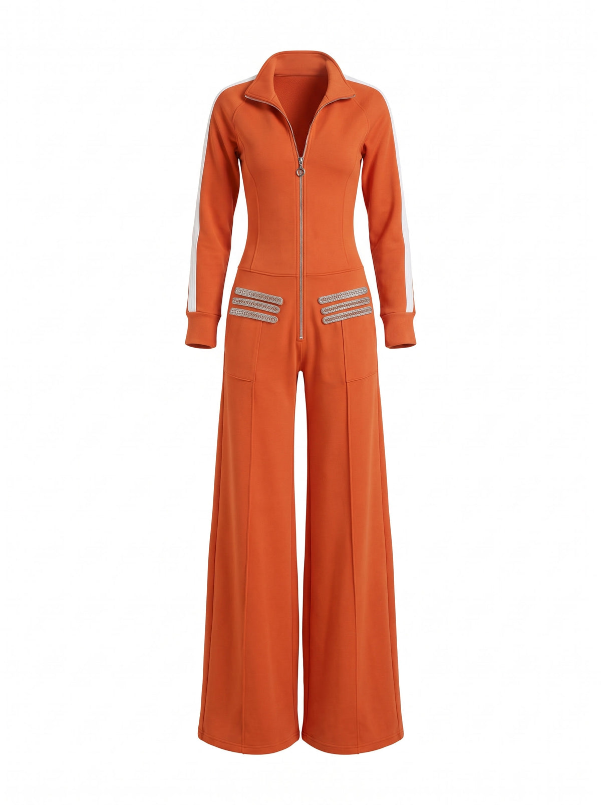 Blanche-Miriam womens zip-front striped sleeve jumpsuit in orange, studio product shot