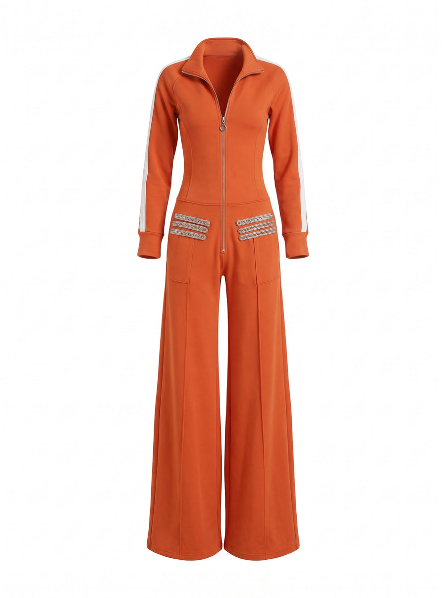 Blanche-Miriam womens zip-front striped sleeve jumpsuit in orange, studio product shot
