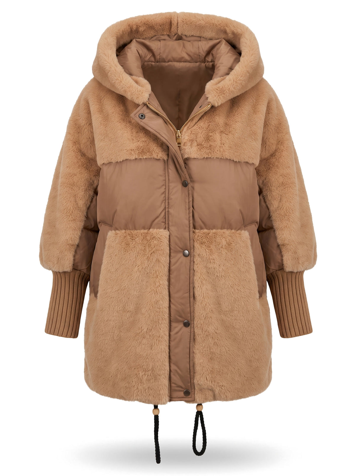 Sabine-Phyllis women's hooded longline puffer coat in camel