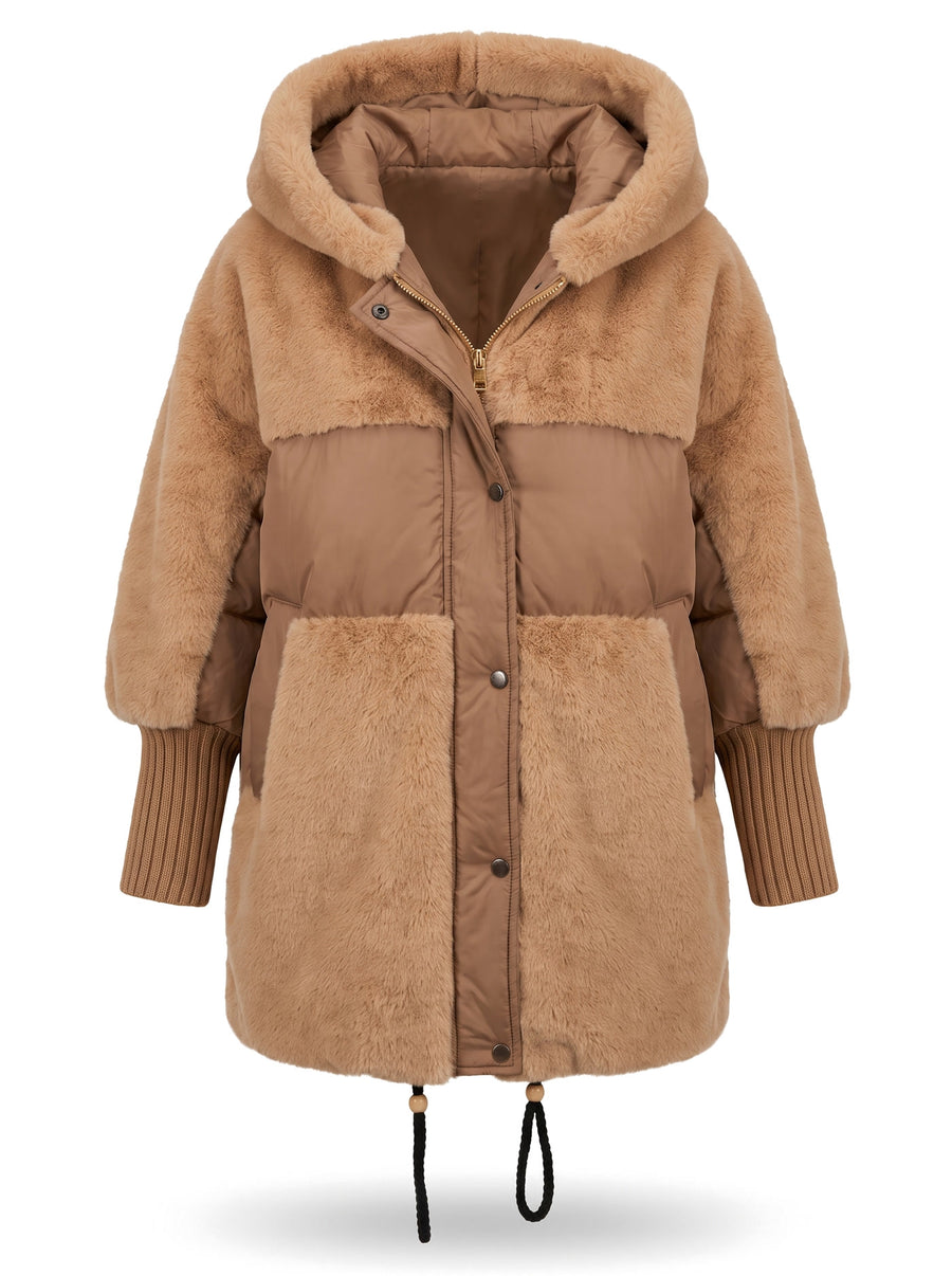 Sabine-Phyllis women's hooded longline puffer coat in camel