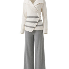 Frances-Veronica women's asymmetric sweatshirt and wide-leg pants set in cream and grey