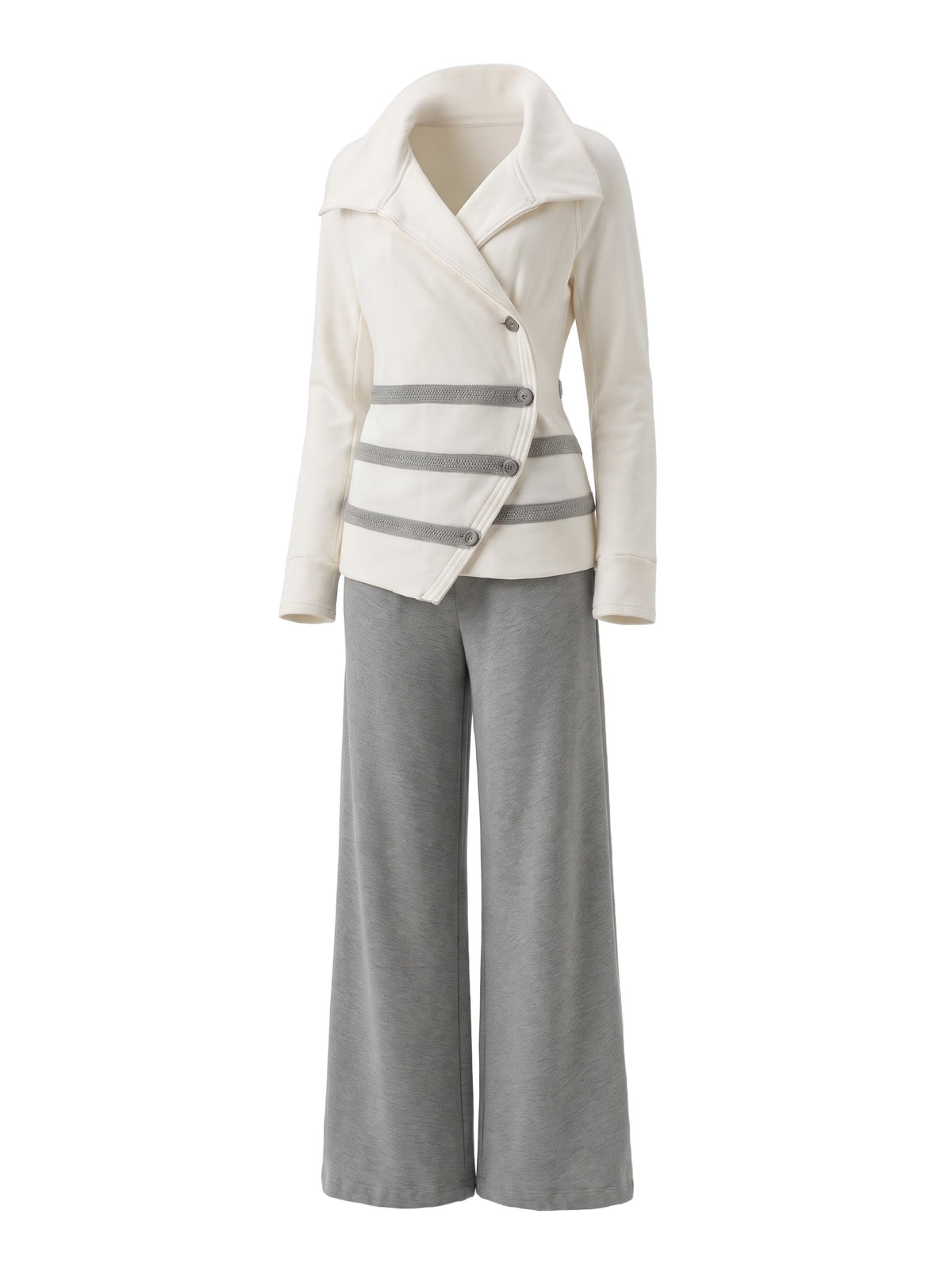Frances-Veronica women's asymmetric sweatshirt and wide-leg pants set in cream and grey