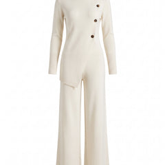 Roberta-Maureen Women's Asymmetric Button Knit Wide-Leg Jumpsuit in white