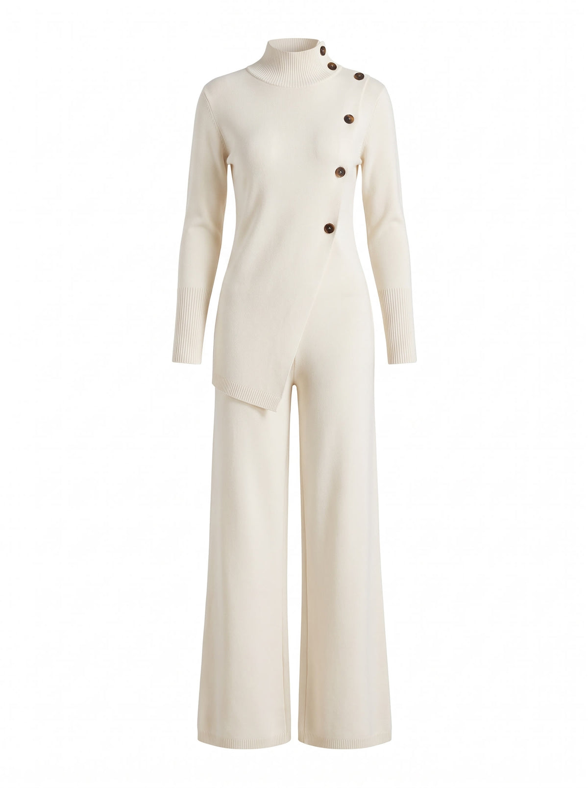 Roberta-Maureen Women's Asymmetric Button Knit Wide-Leg Jumpsuit in white
