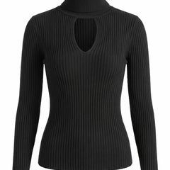 Rosemary-Nadine women's black cutout turtleneck ribbed knit top
