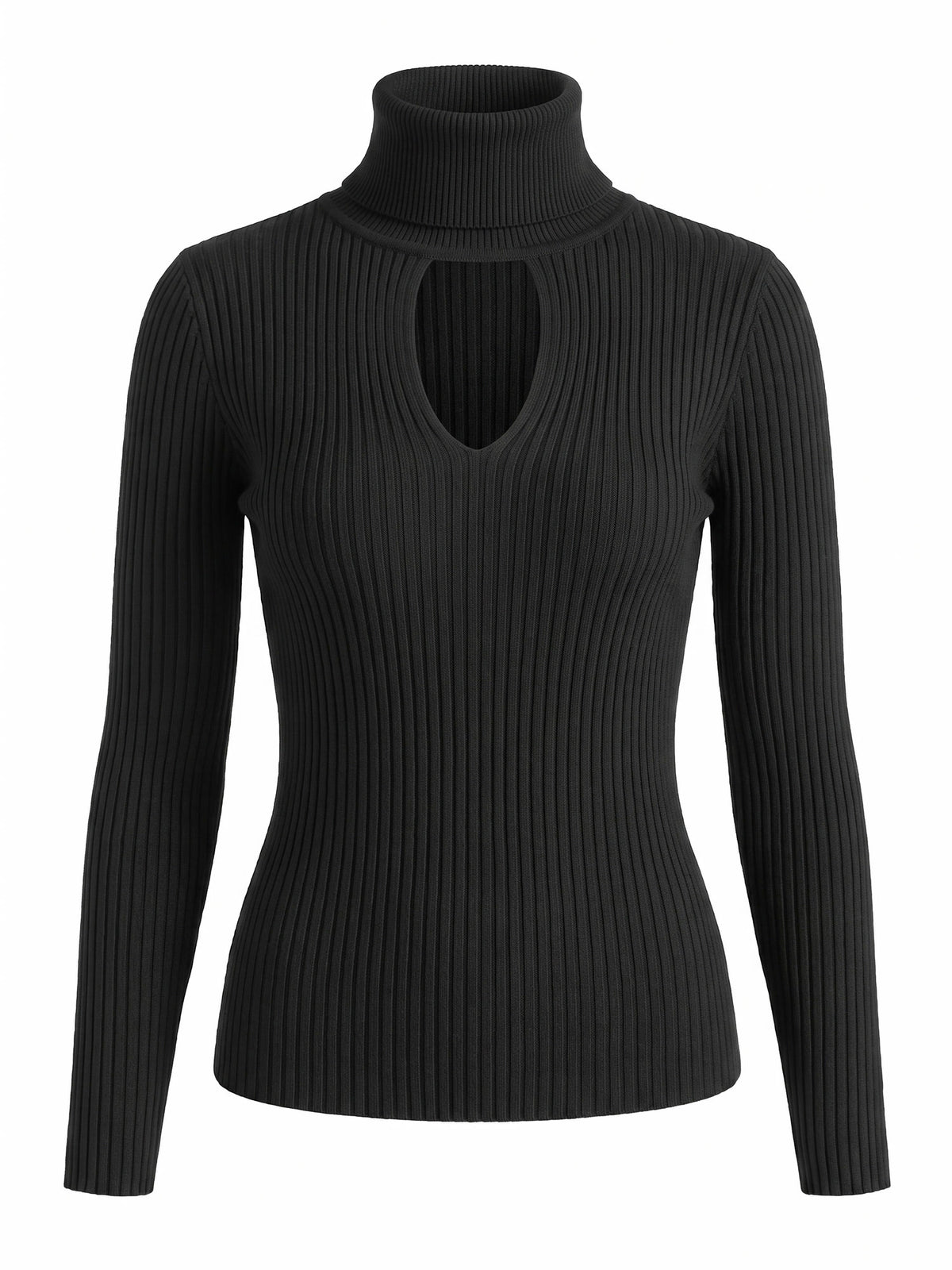 Rosemary-Nadine women's black cutout turtleneck ribbed knit top