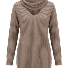Astrid-Frida taupe ribbed V-neck sweater dress with neck warmer
