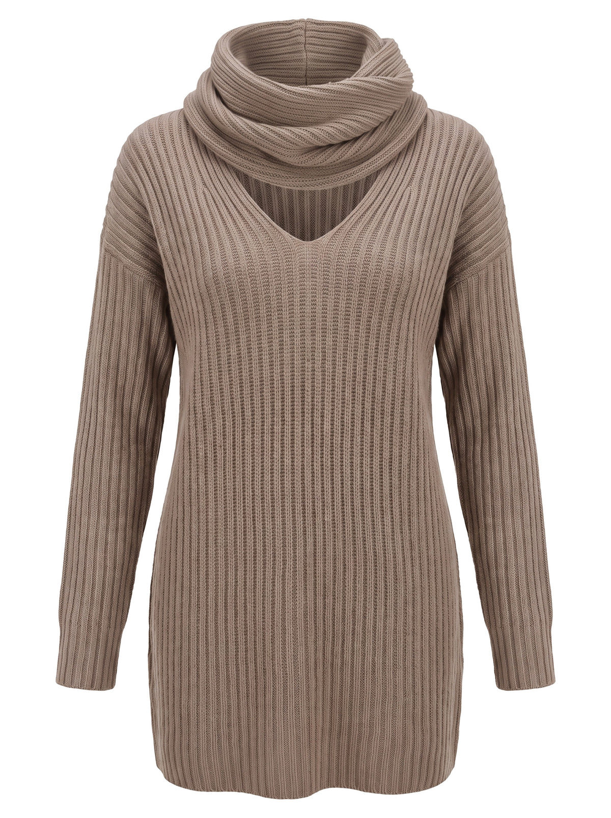 Astrid-Frida taupe ribbed V-neck sweater dress with neck warmer