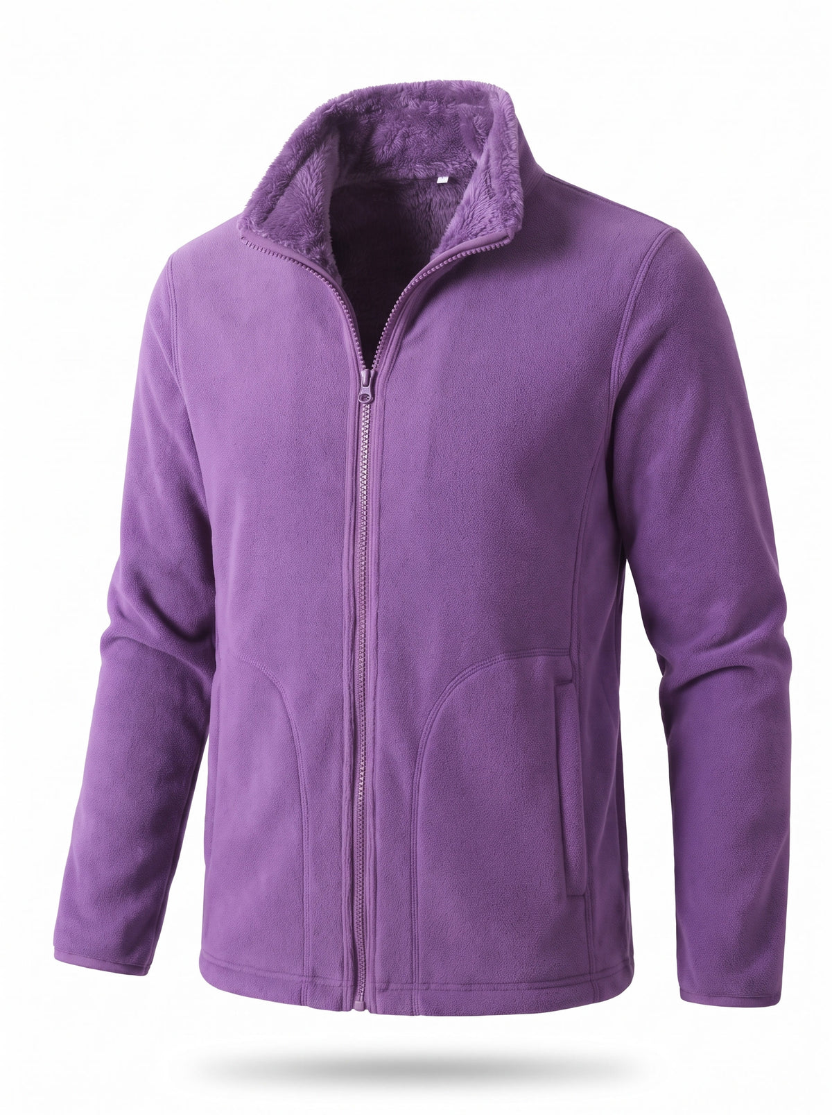 Women's purple fleece-lined zip-up jacket, ghost mannequin studio shot