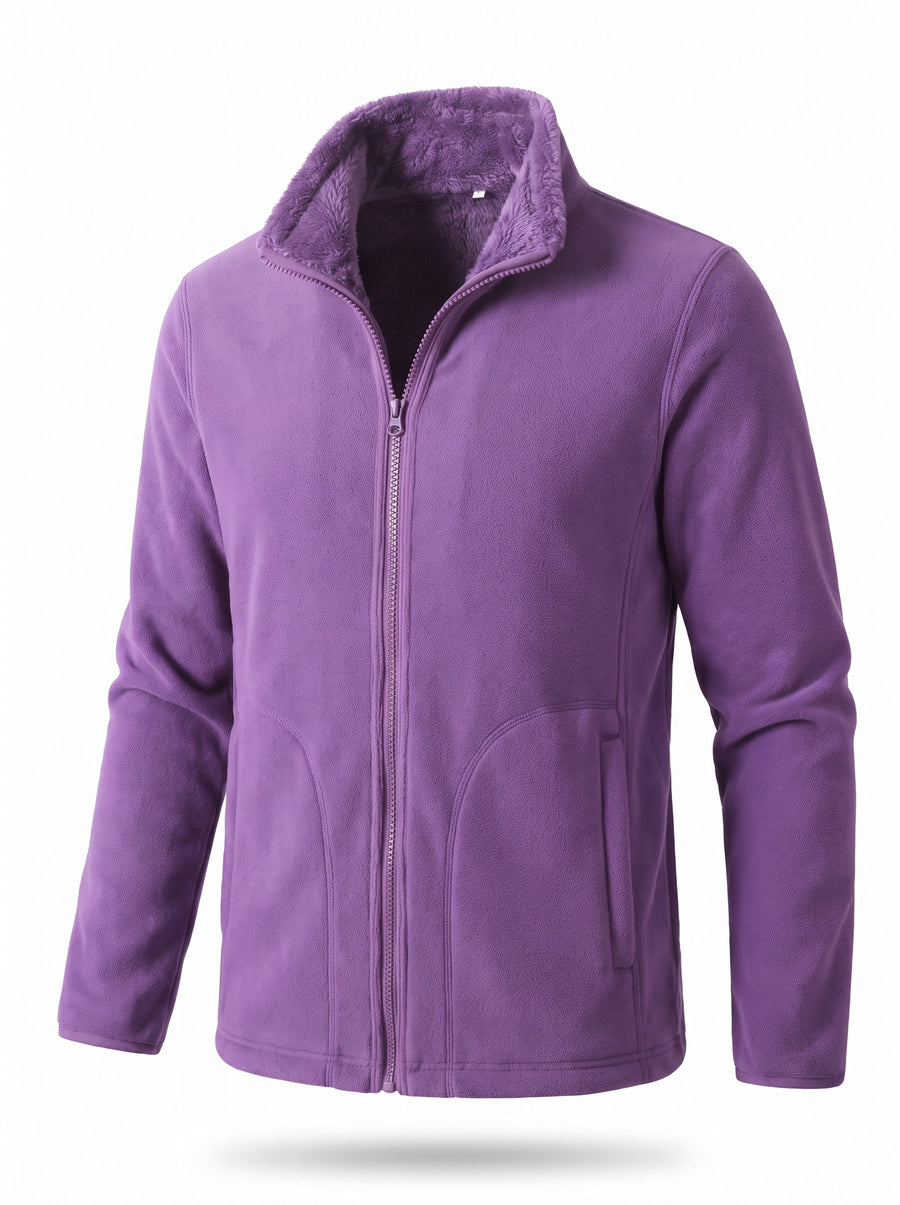 Women's purple fleece-lined zip-up jacket, ghost mannequin studio shot