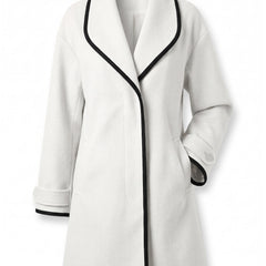 Women's longline tailored coat with shawl collar in white with black trim