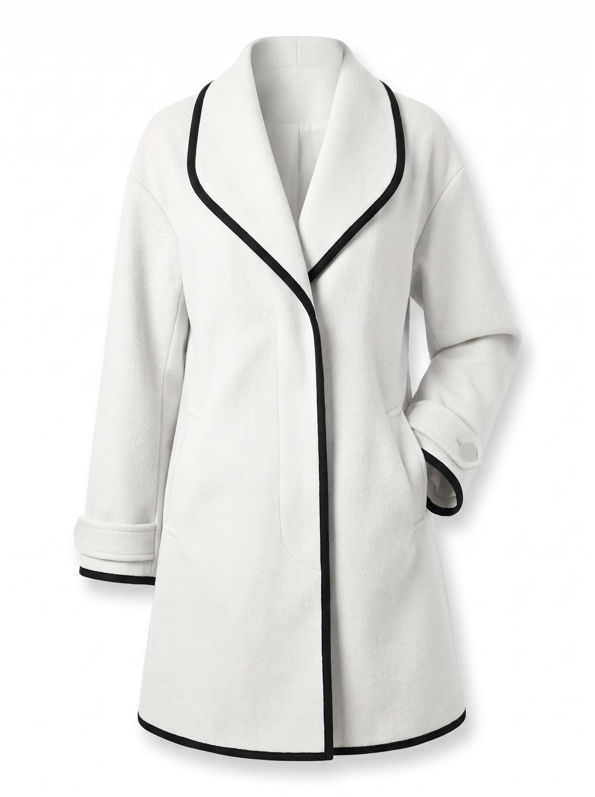 Women's longline tailored coat with shawl collar in white with black trim