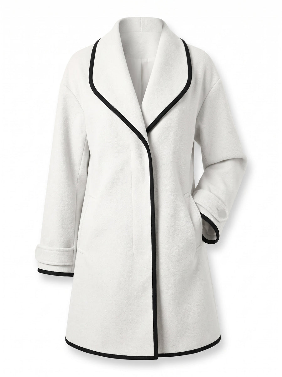 Women's longline tailored coat with shawl collar in white with black trim