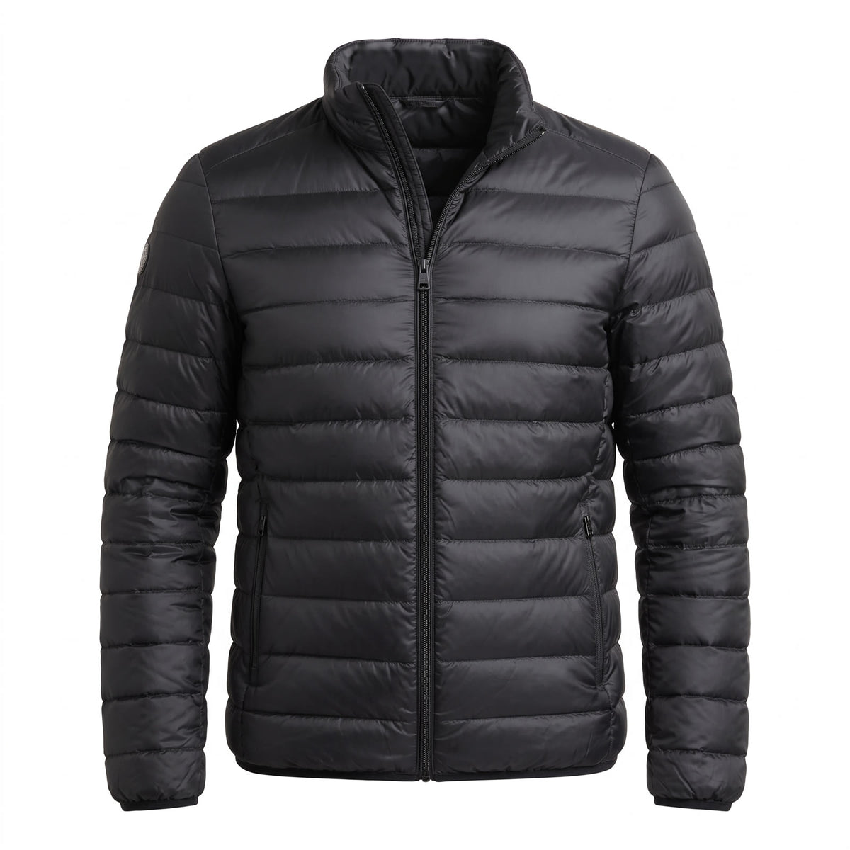 Women's Quilted Stand-Collar Puffer Jacket in black, ghost mannequin studio shot