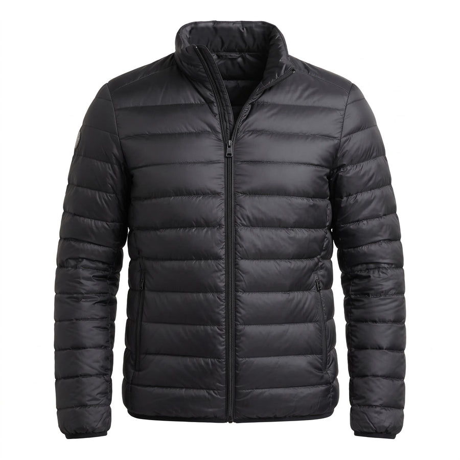 Women's Quilted Stand-Collar Puffer Jacket in black, ghost mannequin studio shot