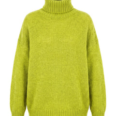 Olive-Pearl women's oversized turtleneck jumper in chartreuse green, studio product shot