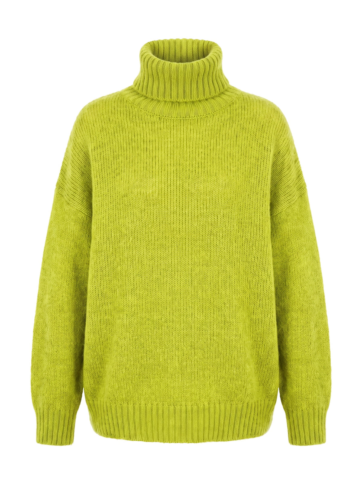 Olive-Pearl women's oversized turtleneck jumper in chartreuse green, studio product shot