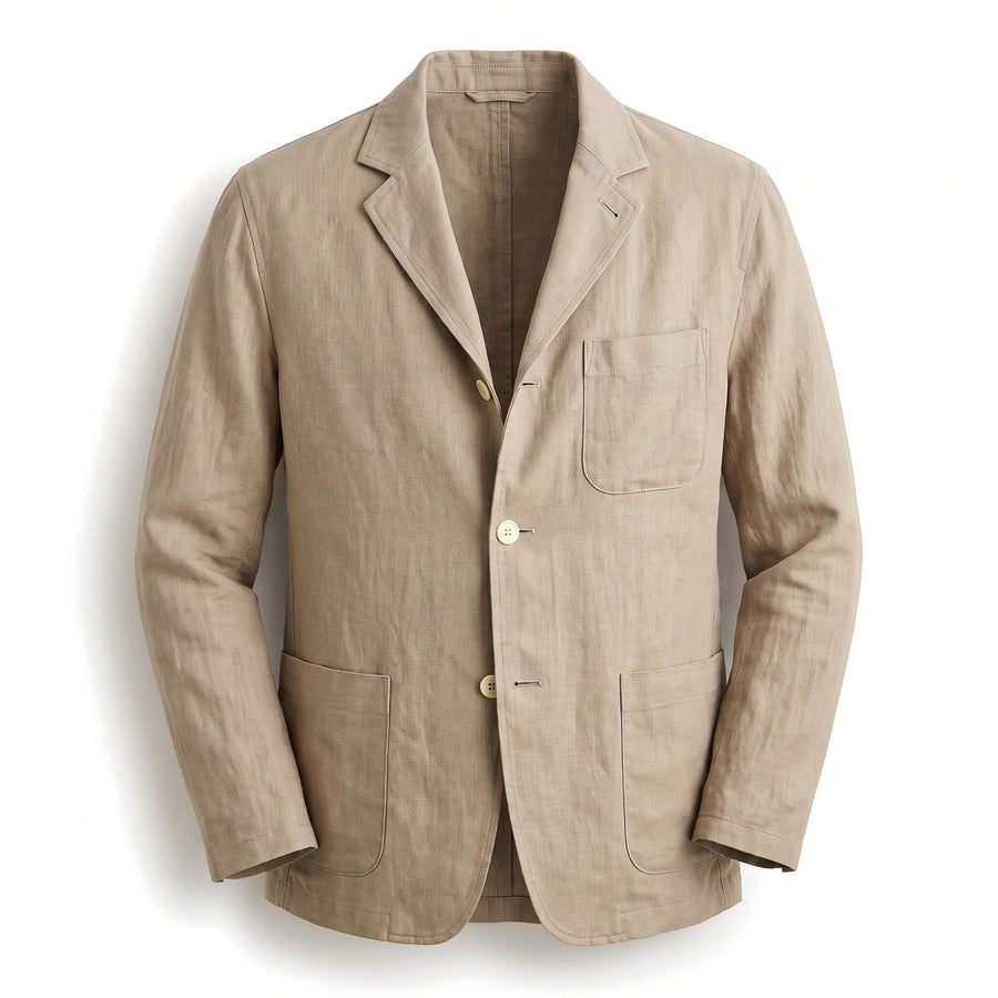 Nora-Mercedes women's linen short-sleeve tailored blazer in khaki, studio product shot on white background