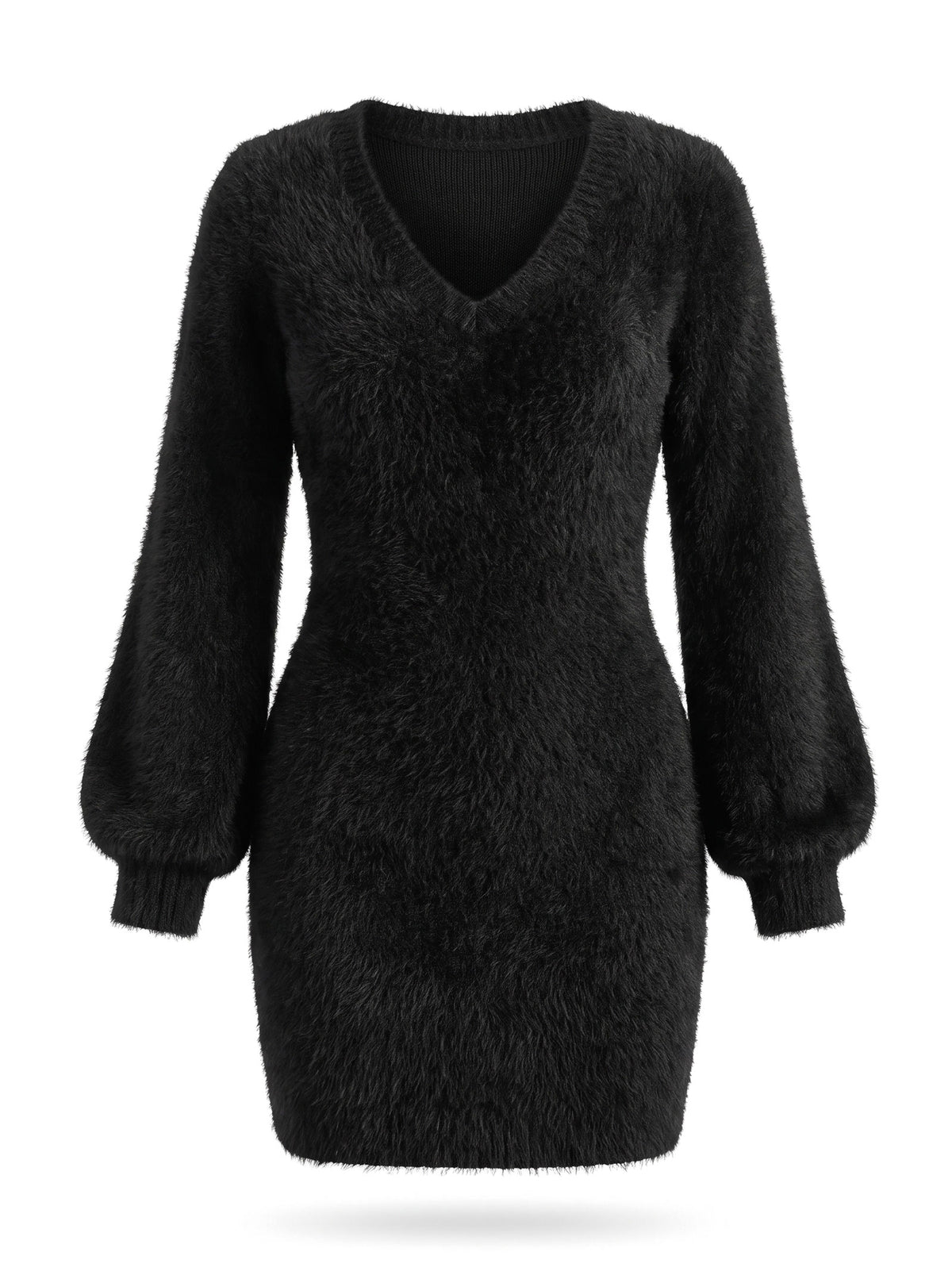 Maureen-Constance women's black faux fur sweater dress ghost mannequin studio shot