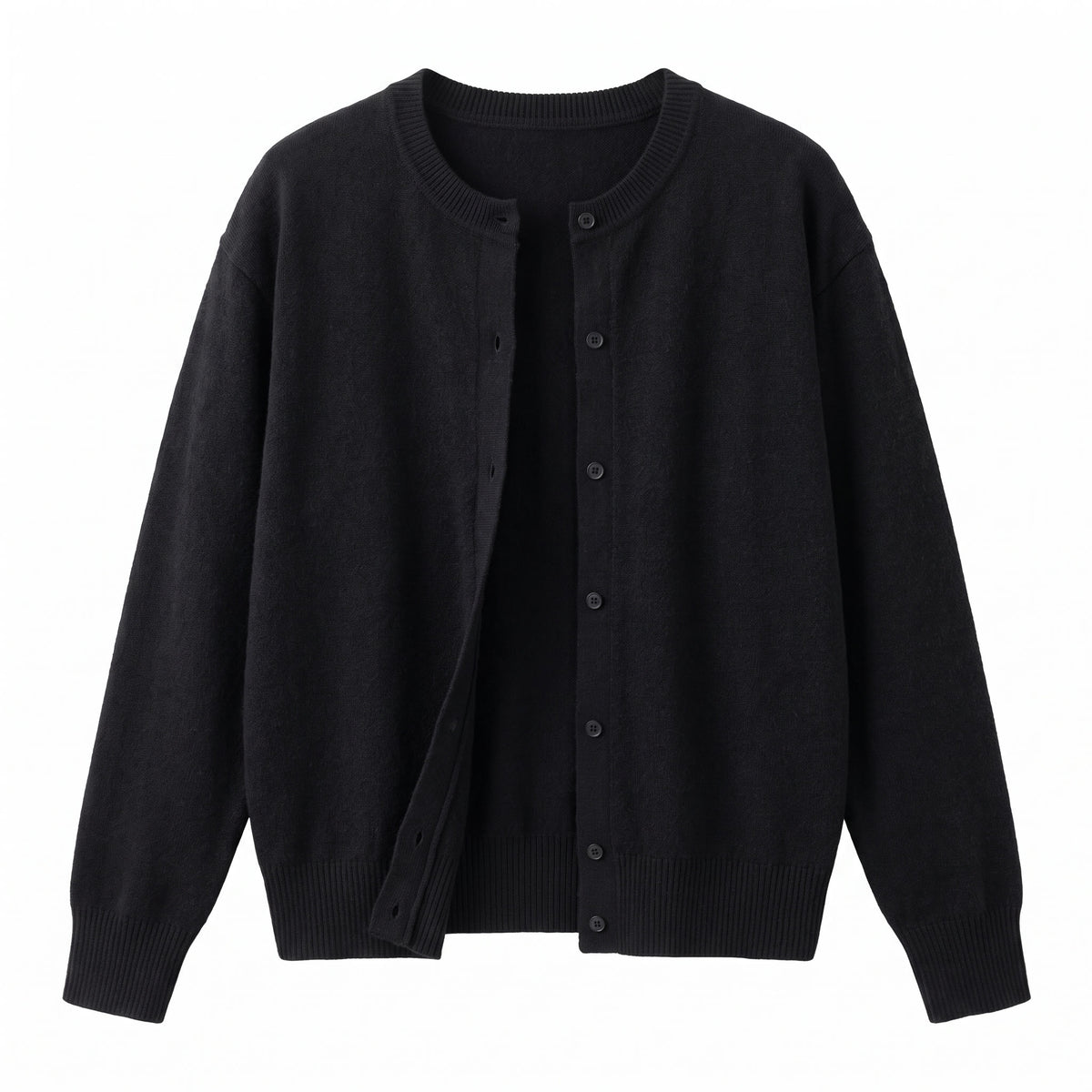 Nadine-Lillian women's black button-front knit cardigan sweater, studio product shot