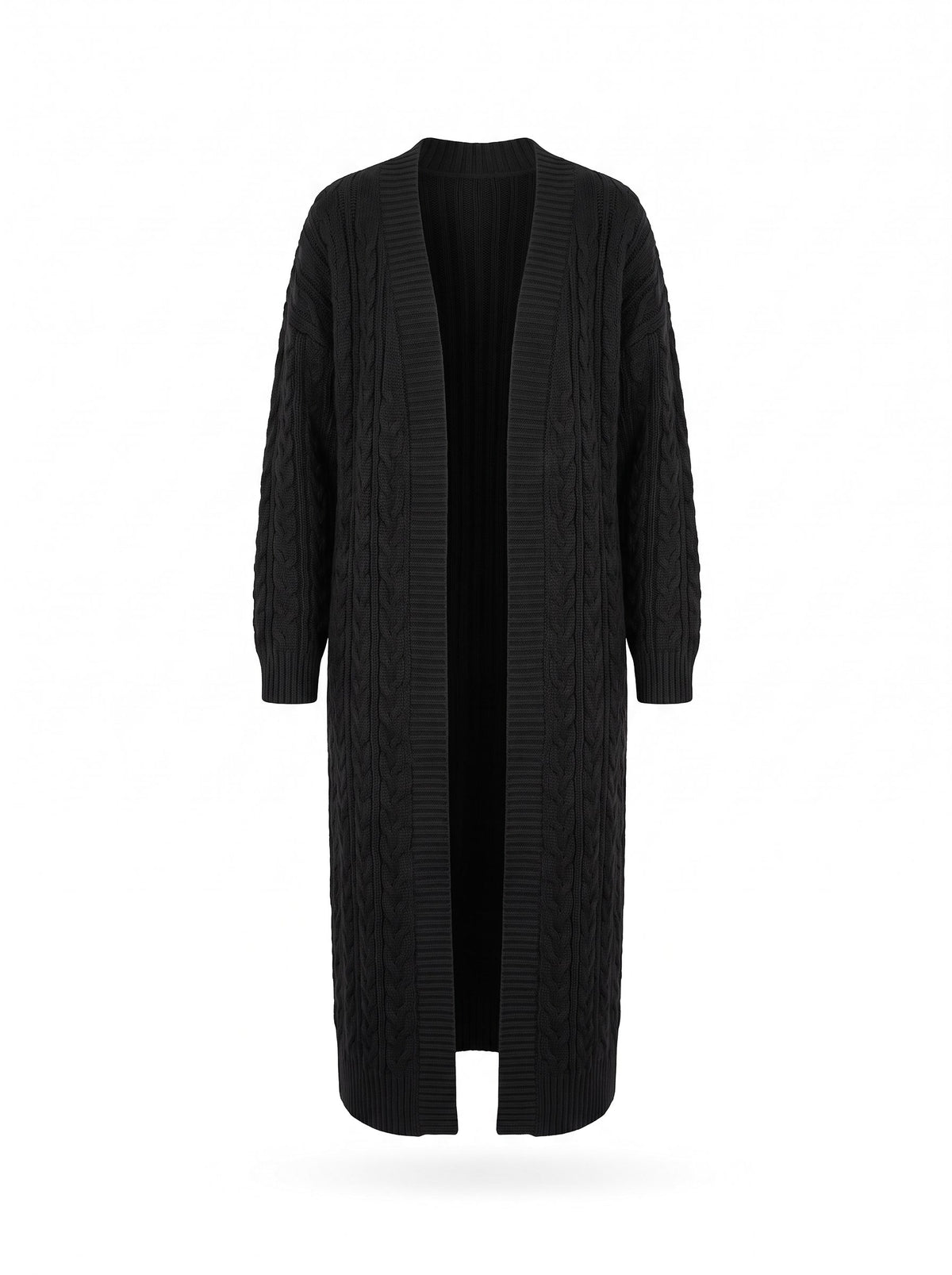 Ivy-Ursula Women's Textured Knit Longline Gilet in black, ghost mannequin studio shot on white