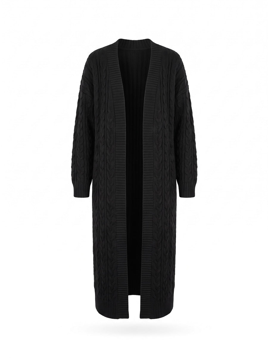 Ivy-Ursula Women's Textured Knit Longline Gilet in black, ghost mannequin studio shot on white