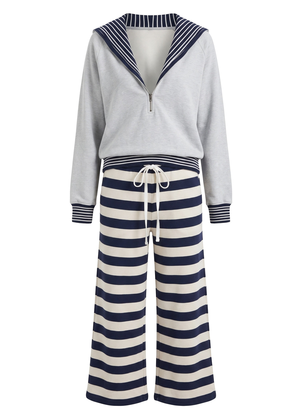 Edith-Josephine women's striped sailor collar jogger set, ghost mannequin studio product shot