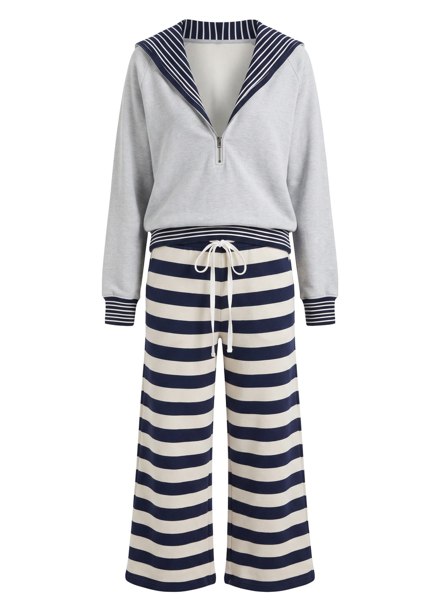 Edith-Josephine women's striped sailor collar jogger set, ghost mannequin studio product shot