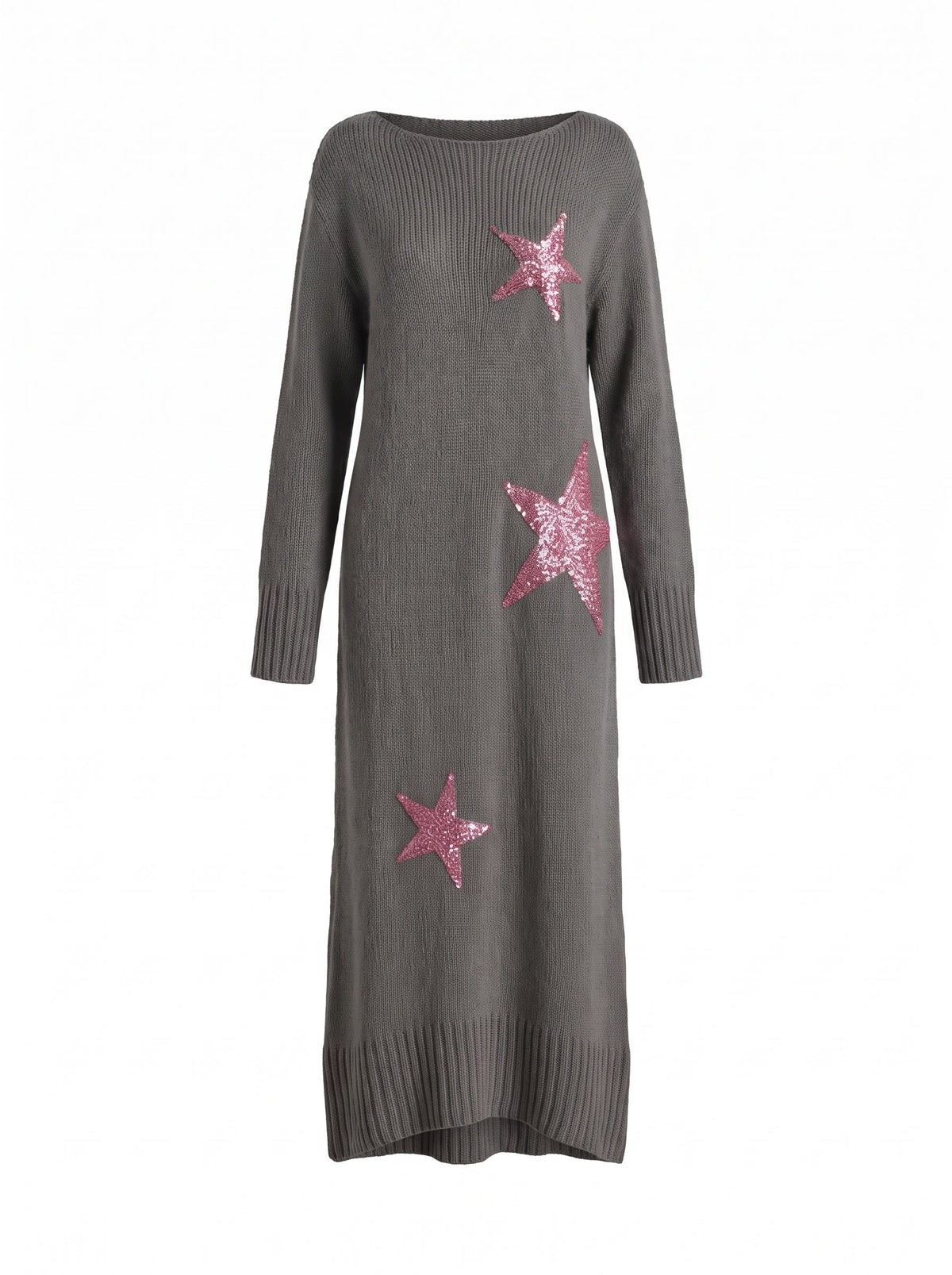 Margot-Yvonne women's sequin-star knit maxi skirt in grey, ghost mannequin studio shot
