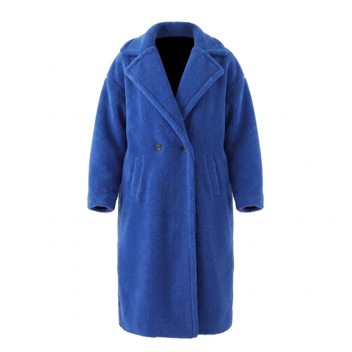 Rhea-Lucille Women's Oversized Teddy Fleece Hooded Jacket in cobalt blue, ghost mannequin studio shot