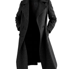 Women's longline double-breasted trench coat in black, studio product shot