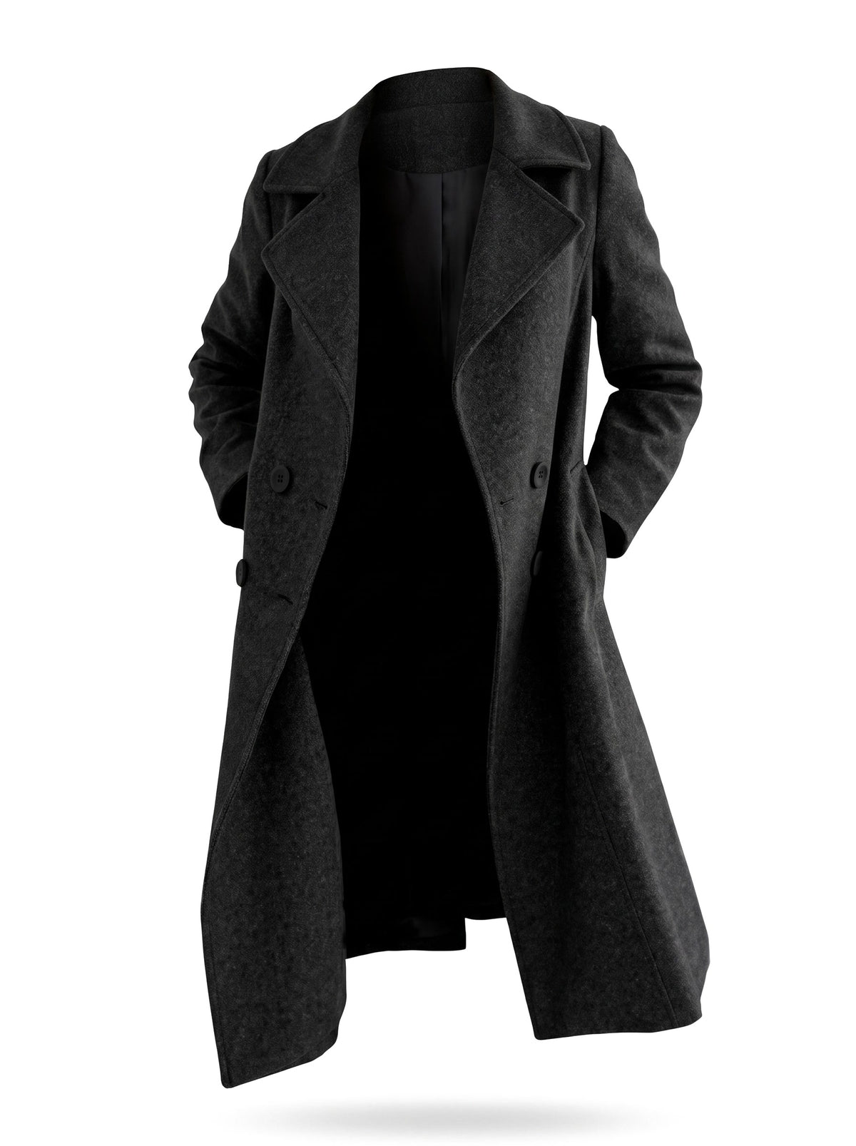 Women's longline double-breasted trench coat in black, studio product shot